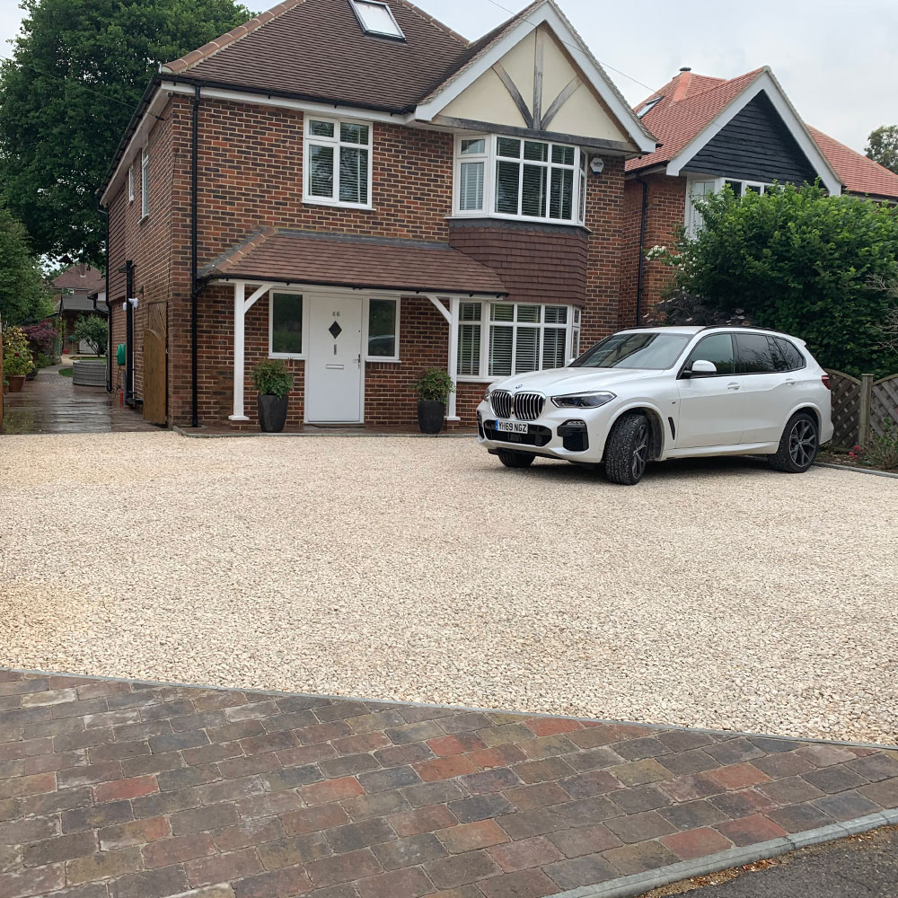 Newly laid block-paved driveway and patio at a family home