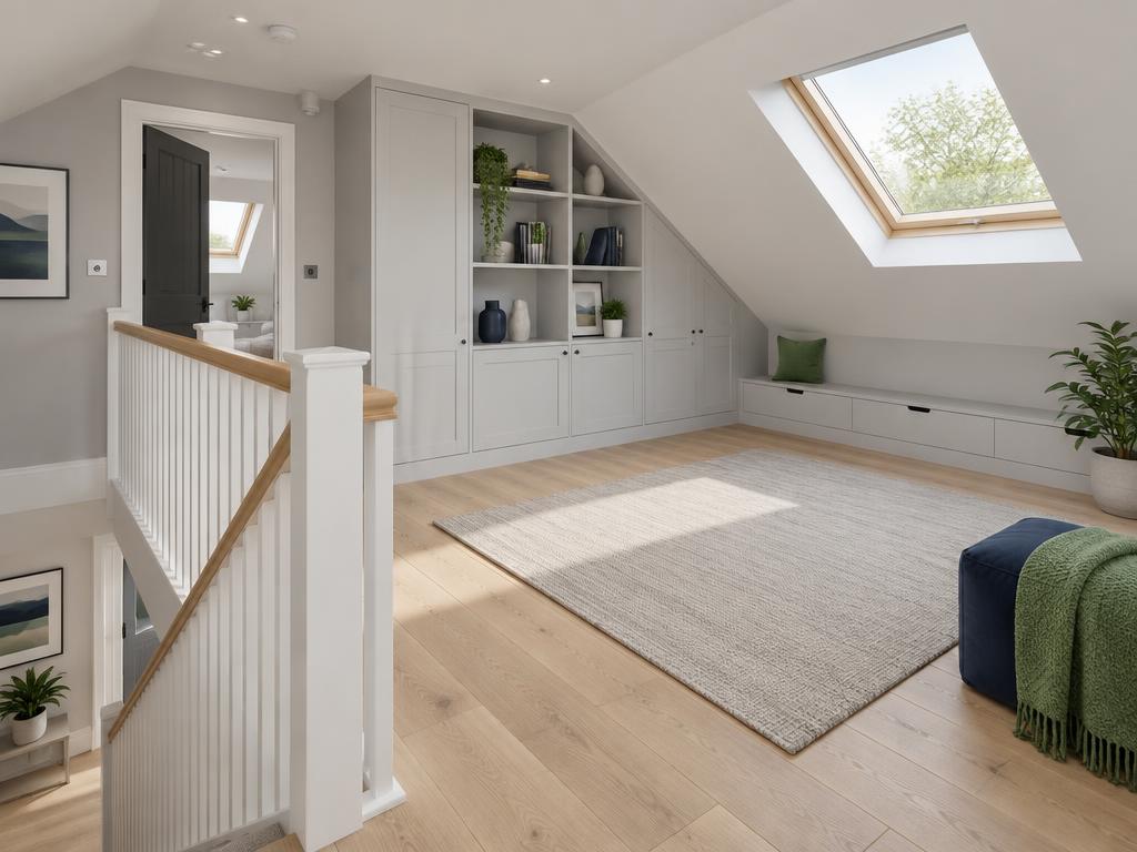 Bright finished loft conversion with skylight, staircase and built-in storage